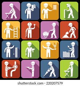 Construction worker repairman mechanic silhouettes icons white set isolated vector illustration