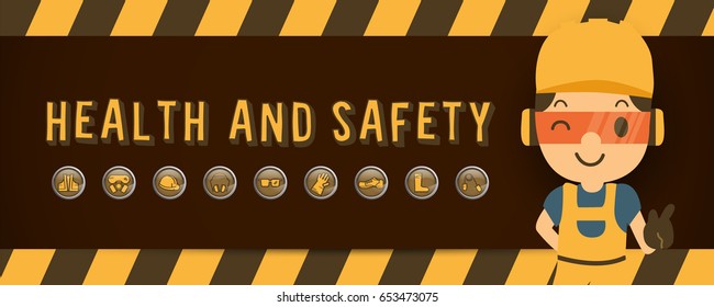 Construction worker repairman  pointer banner, safety first, health and safety vector illustrator