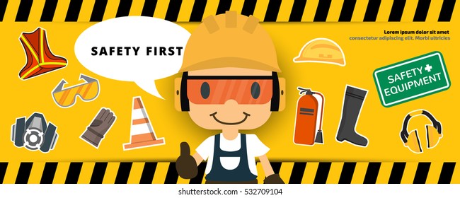 Construction worker repairman  thumb up banner, safety first, health and safety, vector illustrator