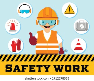 Construction worker repairman thumb up, safety first, health and safety warning signs