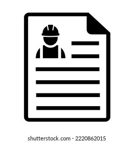 Construction worker resume icon in flat style. Contract symbol isolated on white background. Simple resume abstract icon in black. Vector illustration for graphic design, Web, UI, mobile app