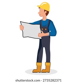 Construction Worker Reviewing Blueprints. illustration
