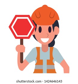 Construction worker with roadsign character  worker cartoon profile vector illustration graphic design