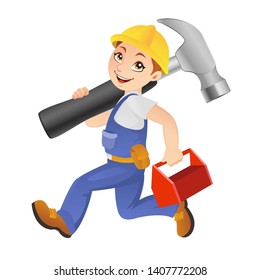 Construction worker running fast to work with a big hammer and toolbox
