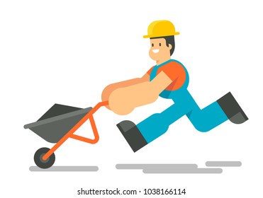 Construction worker running  with wheelbarrow. Vector illustration isolated on white background. Flat character design.