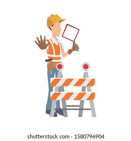 construction worker and safety barrier icon over white background, vector illustration
