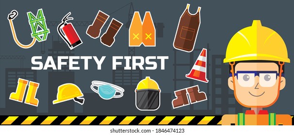 Construction worker with safety equipment icon set. Vector banner design.