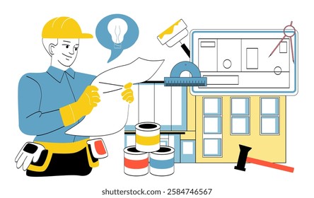 Construction worker in safety gear holding a blueprint, surrounded by tools, paint cans, and a building plan. Modern flat style on white background