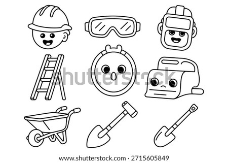 Construction worker safety gear and tools helmet goggles