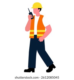 A construction worker in safety gear using a walkie-talkie while walking.