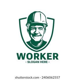 Trabajador de la construcción con sombrero duro de seguridad. Logotipo. Vector e ilustración.