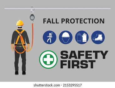 Construction worker and safety harness, safety first with Fall Protection, vector design.