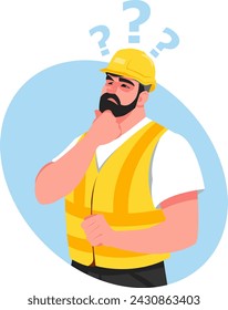 Construction worker in safety helmet pondered question,  male engineer pondered problem. Stock vector illustration