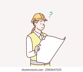 Construction worker in safety helmet pondered question, female engineer pondered problem. Hand drawn style vector design illustrations.