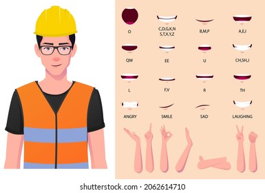 Construction Worker With Safety Helmet And Vest Lip Sync And Face Animation Set Premium.