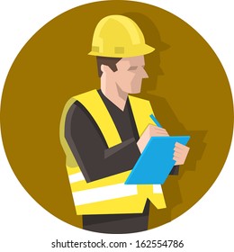 Construction worker in safety vest checking a project list or doing safety check. Isolated vector illustration