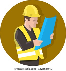Construction worker in safety vest reading blueprint plan. Isolated vector illustration