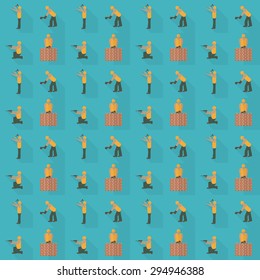 Construction worker seamless pattern. Design template vector illustration. Mason with trowel endless background. Laborer with hammer seamless texture. Builder with angle grinder.
