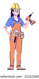 Construction worker semi flat RGB color vector illustration. Female maintenance technician holding drill isolated cartoon character on white background