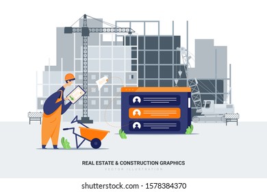 Construction worker sending a text message with a job site in the background. Create a unique illustration for a website, application, or presentation