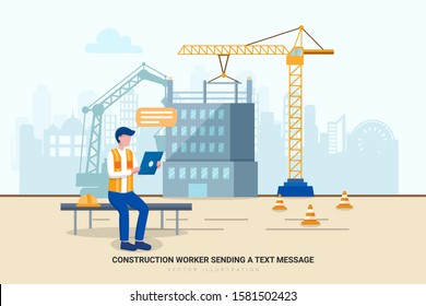 Construction worker sending a text message with a job site in the background. Create a unique illustration for a website, application, or presentation