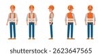 Construction worker service front, side and back view character vector illustration design set. Presentation in various action.