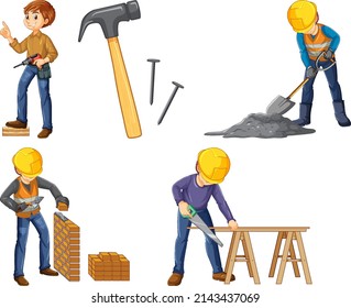 Construction Worker Set With Man At Different Jobs Illustration
