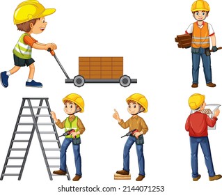 Construction worker set with man and tools illustration