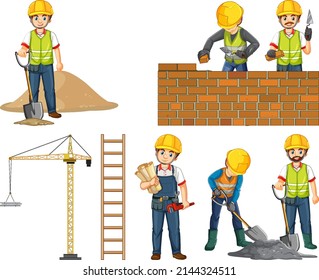 Construction worker set with man and tools illustration