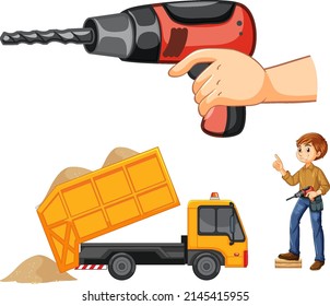 Construction worker set with man and tools illustration