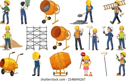 Construction worker set with man and tools illustration