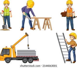 Construction worker set with people and tools illustration