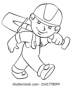 Construction worker with a shovel. Element for coloring page. Cartoon style.