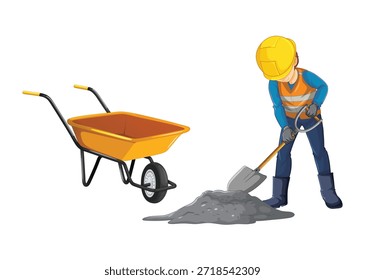 Trabajador de la construcción paleando tierra al lado de una carretilla