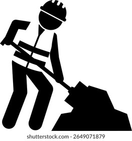 Trabalhador de construção Shoveling Icon.A ícone minimalista preto e branco representando um trabalhador de construção vestindo um chapéu duro e colete de segurança, ativamente empurrando material