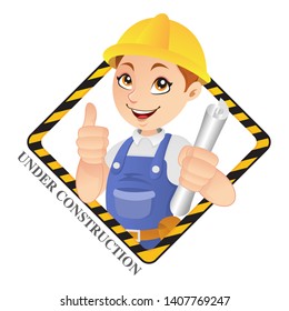 Construction worker showing a under construction sign
