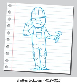 Construction worker shows call us gesture