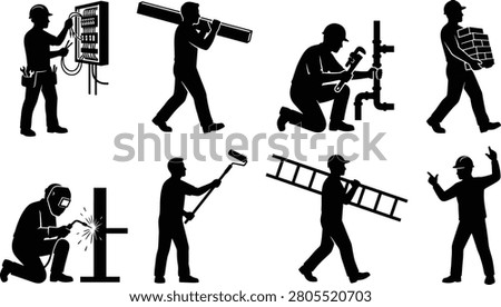 Construction Worker Silhouette Collection Featuring Skilled Trades, Building Professionals, Industrial Laborers, and Maintenance Occupations Vector Bundle