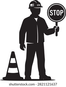 Construction worker silhouette holding a stop sign and standing next to a traffic cone, black and white on white background