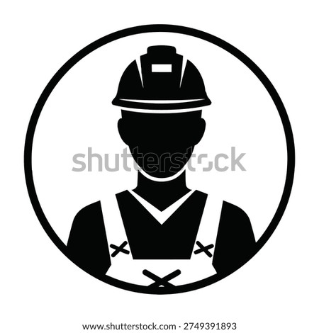 Construction worker silhouette icon builder in hard hat and overalls black and white illustration professional labor symbol