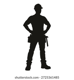 Icono de la silueta del trabajador de la construcción con el sombrero duro, correa de la herramienta, manos en las caderas en pose segura. Ilustración vectorial limpia para los conceptos de trabajo, construcción, industria, seguridad y trabajo.