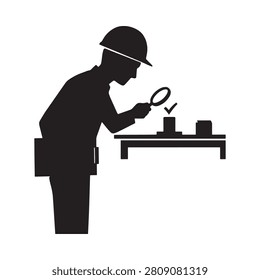 Construction worker silhouette inspecting objects with magnifying glass