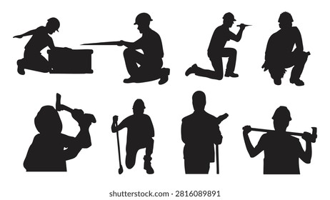 Construction Worker Silhouette Kneeling Tool Contractor Icon Set