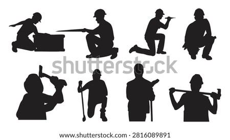 Construction Worker Silhouette Kneeling Tool Contractor Icon Set