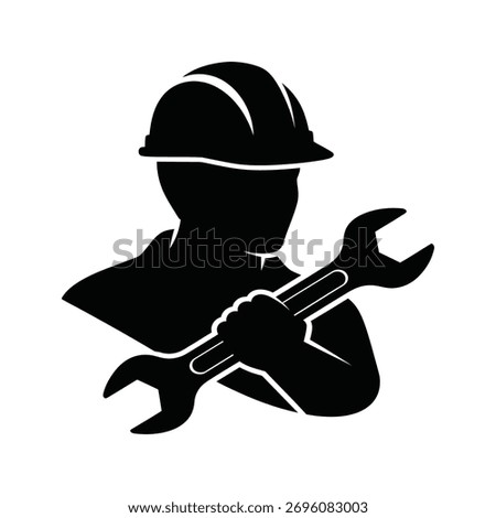 Construction Worker Silhouette - Mechanic with Wrench Tool Vector Icon