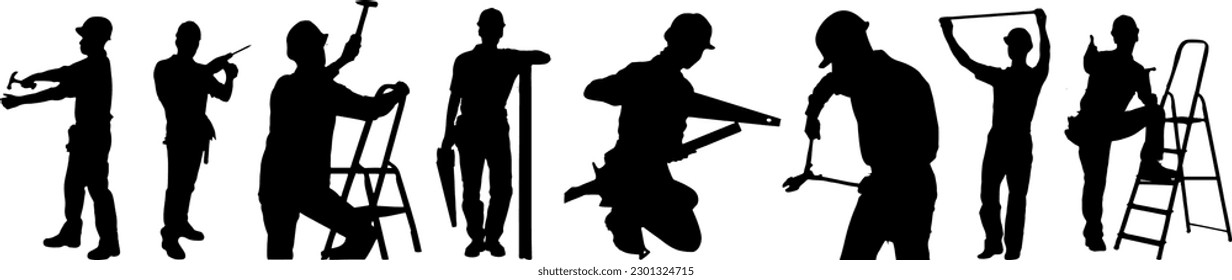 "Construction Worker Silhouette Vector Set: Tools of the Trade"
"Professional Construction Worker Silhouettes with Tools"