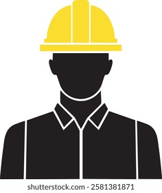 A construction worker silhouette wearing a yellow hard hat. Ideal for construction industry designs, safety-related graphics, engineering-themed projects, websites, presentations, and posters.