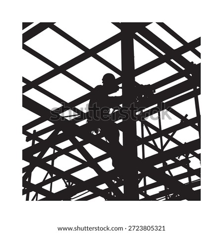 Construction worker silhouetted against the skeletal framework of a building