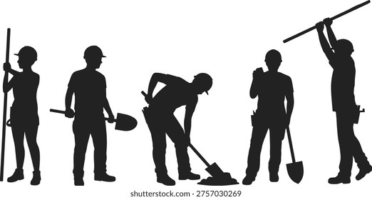 Construction worker silhouettes, builders with tools, digging shovels teamwork, industrial labor concept, manual work crew, engineering workforce, isolated vector illustration, graphic set