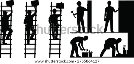 Construction worker silhouettes climbing ladder with materials, builder hammering wall and painting surface, manual labor activities collection, building industry vector illustration